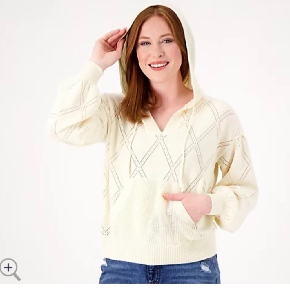 Candance Cameron Bure small knitted pointelle cream hoodie